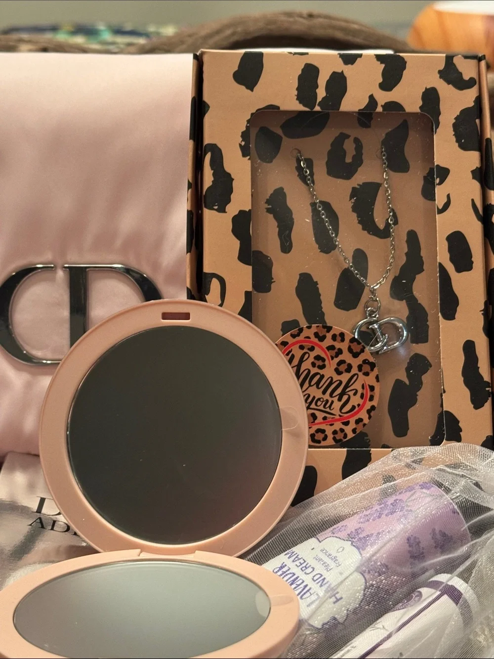 Beauty Bundle with Pink Quilted Compact, makeup bag,Lippy, lotion Necklace Set